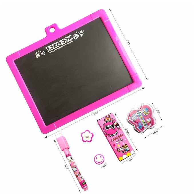 Pizarra de papelería escolar infantil con accesorios de dibujo.