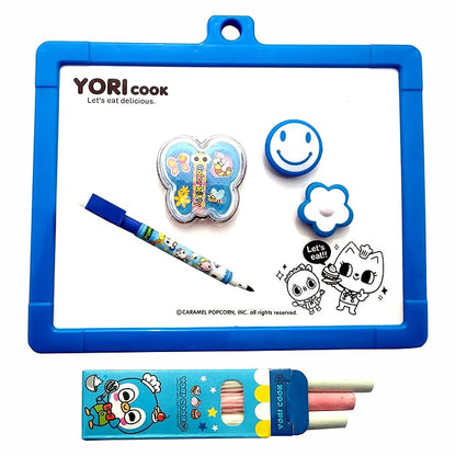 Pizarra de papelería escolar infantil con accesorios de dibujo.